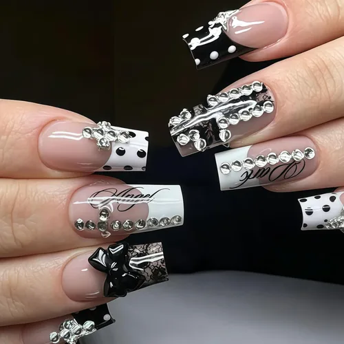 Vista 11 de MISUD - Uñas postizas largas cuadradas con pegamento de Rojo Gótico y Negro, diseño cruzado gótico Y2K acrílico, 24 piezas 020A00Rojo y Negro