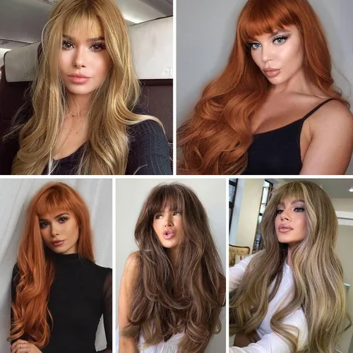 Vista 6 de HAIRCUBE Peluca de color marrón a rubio con flequillo para mujer, peluca de cabello largo ondulado marrón y rubio, pelucas sintéticas rizadas
