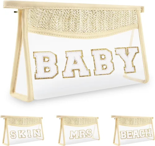 Vista 13 de Iqimott 2 bolsas de maquillaje con parches transparentes, bolsa de letras boho para nadar en la playa, bolsas de maquillaje impermeables