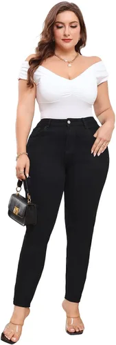 Vista 7 de KISSPLUS Pantalones de mezclilla ajustados de talla grande para mujer, cintura alta, lápiz de cintura alta, elásticos, pantalones de mezclilla