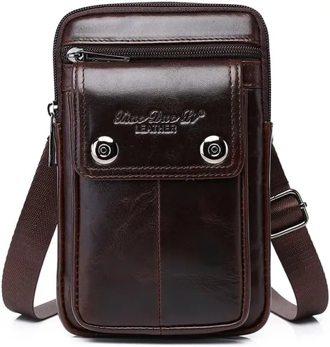 Vista 15 de Cuero Genuino Hombres Wasit Pack Con Correa De Cinturón De Hombro Bolsa De Teléfono Celular Style1-Negro