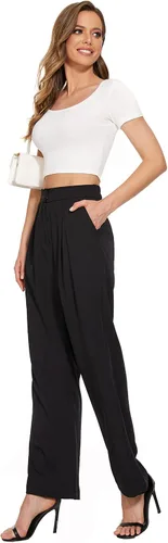 Vista 6 de FUNYYZO Pantalones de cintura alta y pierna ancha para mujer, pantalones largos y rectos