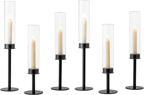 Vista 8 de Hewory Portavelas Negros Hurricane Portavelas de Velas, 3 Piezas Portavelas de Velas Candelabro, Portavelas Cónicos con Cubierta de Vela de Vidrio