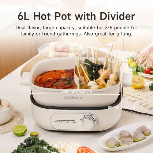 Vista 2 de Joydeem - Olla caliente eléctrica con divisor, olla doble sabor Shabu Shabu de 6L/6.3 qt, UL listada y protección contra hervido en seco, adecuada