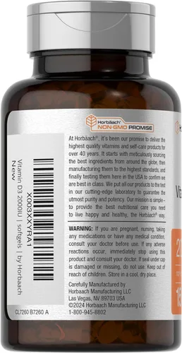 Vista 3 de Horbaach Vitamina D3 2000IU cápsulas blandas 150 unidades 50 mcg colecalciferol Suplemento sin OMG y sin gluten