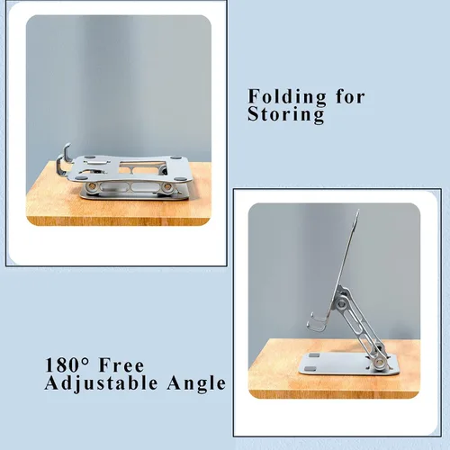 Vista 7 de Sokelinn-six Soporte para tablet de aluminio, soporte de doble varilla ajustable plegable para tablet para escritorio, compatible con teléfono