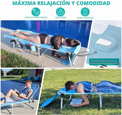 Vista 4 de Silla de bronceado con paraguas UPF 50+ ajustable, tumbona plegable resistente para exteriores, reclinable, 5 posiciones, para tomar el sol, tomar