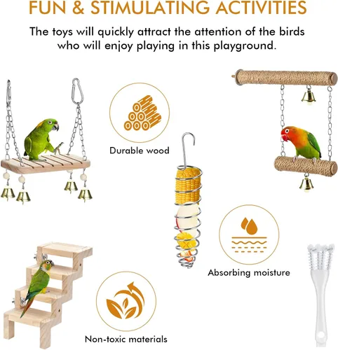 Vista 7 de Juguetes para columpio y perca para jaulas de pájaros, hamaca colgante, escalera de escalada, perca de pie Se adapta a periquitos, conures