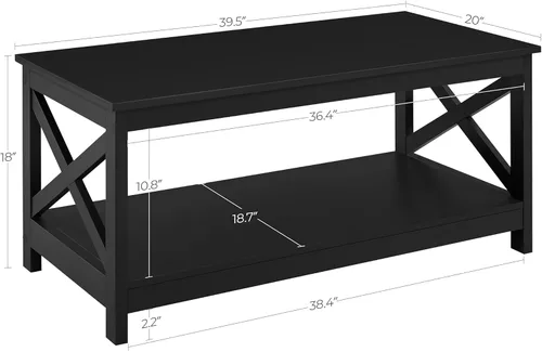 Vista 2 de Yaheetech Mesa de centro negra de madera de 2 niveles con estante de almacenamiento para sala de estar, mesa de cóctel con diseño en X, muebles