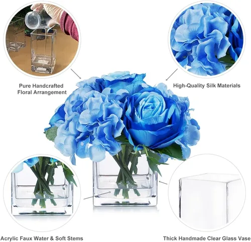 Vista 3 de ENOVA FLORAL Pequeñas flores falsas de seda azul con jarrón, arreglo floral artificial de rosas mixtas y hortensias en jarrón con agua sintética