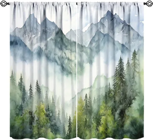 Vista 12 de BAEKJIN Cortinas verdes de bosque brumoso, acuarela, naturaleza, paisaje, plantas, árbol, bolsillo para barra, opacas, tratamiento de ventana