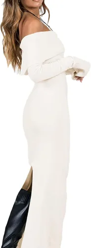 Vista 3 de Vestido largo sexy con hombros descubiertos para mujer, estilo Y2K, manga larga, acanalado, entallado, vestido largo de punto delgado