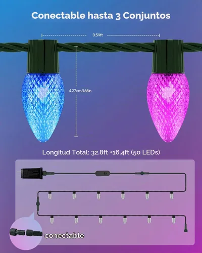 Vista 6 de Luces de Navidad Inteligentes, C9 RGB de 66 pies, 100 luces LED de fresa conectables, control remoto de aplicación, sincronización de música, luz