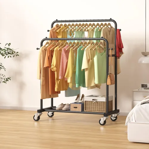 Vista 3 de Laiensia - Perchero de doble varilla con ruedas, estante para colgar ropa, 4 ganchos, estante multifuncional para dormitorio, color negro