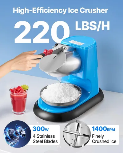 Vista 2 de VEVOR Máquina trituradora de hielo, 220 libras por hora, máquina eléctrica de cono de nieve de 4 cuchillas, máquina de hielo afeitado de acero Azul