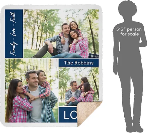 Vista 7 de Manta personalizada con collage de 3 imágenes a todo color. Personalizado de tus fotos y apellido. Manta de forro polar súper suave para bebés