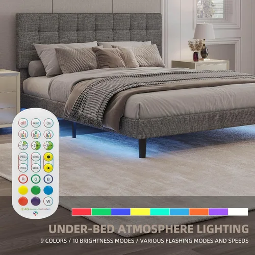 Vista 6 de Base de cama moderna de plataforma tapizada de tamaño Queen, marco de cama de lino con luces, cabecera ajustable con costuras cuadradas, sistema