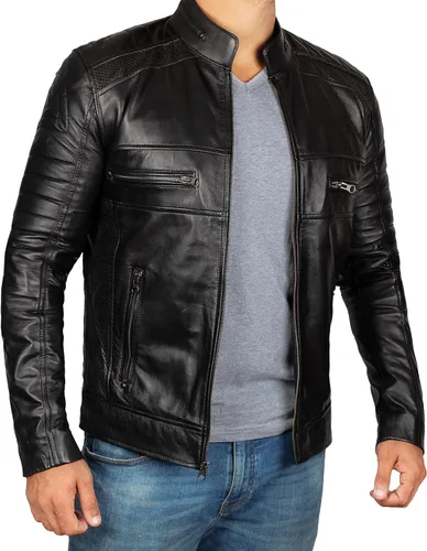 Vista 2 de Decrum Chaqueta de piel de cordero real Cafe Racer para hombre, estilo de Austin Negro