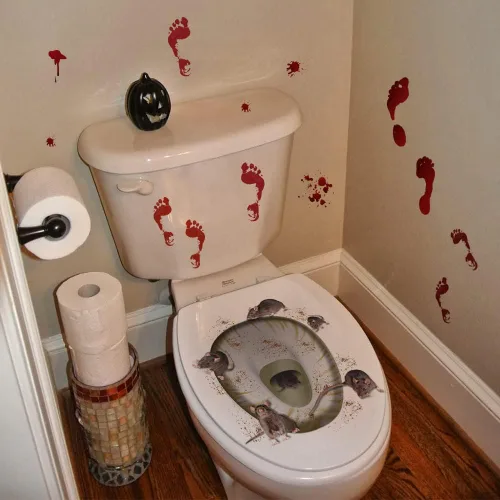 Vista 3 de Calcomanías impermeables 3D para tapa de inodoro de Halloween, calcomanías de pared horribles, póster de decoración sangrienta para fiesta temática