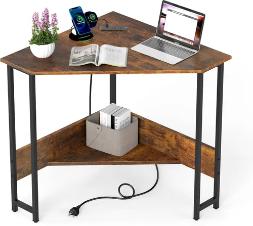 Vista 10 de Tangkula Escritorio esquinero con toma de corriente y puertos USB, escritorio triangular para computadora con estación de carga, estante de Negro