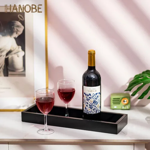 Vista 5 de Hanobe Bandeja rectangular larga y estrecha: portavelas rectangular decorativo negro, bandeja de centro de mesa, bandeja de servir sin asa para mesa