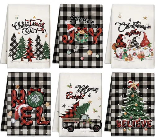 Vista 15 de Hosuly 6 Piezas Toallas de Cocina Navideñas Afroamericanas Paños de Platos de Santa Negro Toallas de Mano Navideñas Negras y Rojas Santa Ángel Acebo
