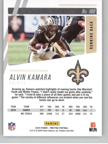 Vista 2 de Tarjeta de fútbol Panini Prestige #168 Alvin Kamara New Orleans Saints 2020