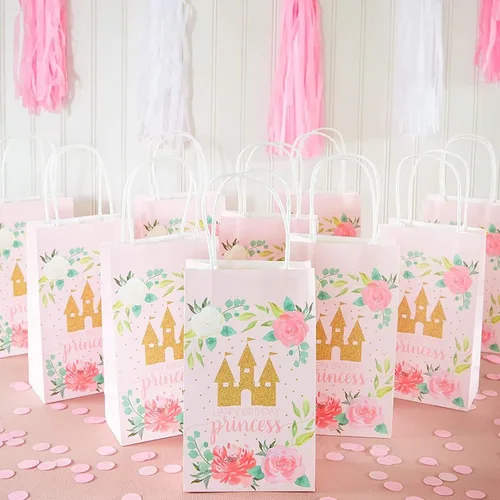 Vista 2 de BLUE PANDA Bolsas de regalo de papel de castillo de princesa rosa para fiesta de cumpleaños (9 x 5.3 pulgadas, 24 piezas)
