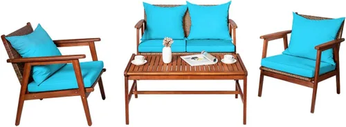 Vista 12 de Tangkula juego de 4 sofás de madera de patio, juego de asientos de madera de acacia para exterior con cojines y mesa de centro, juego de sofá