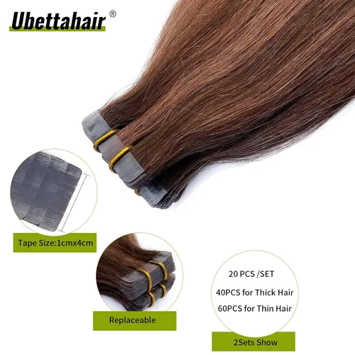 Vista 4 de Ubetta Extensiones de cabello humano real con cinta, 20 piezas de doble cara con trama de piel, extensiones de cabello Remy invisible, con cinta