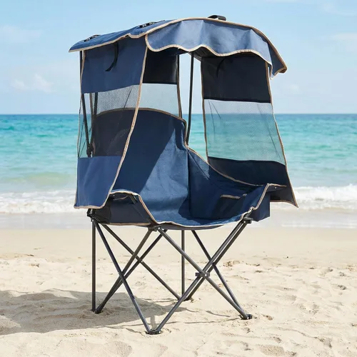 Vista 10 de ABORON Silla de camping con toldo, silla de playa plegable con sombra, silla portátil para exteriores con portavasos y bolsa refrigeradora