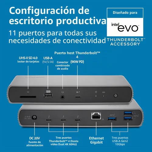 Vista 4 de Kensington SD5700T Estación de acoplamiento Thunderbolt 4, Dual 4K, 90W PD - Compatible con Windows y Mac OS (K35175NA)