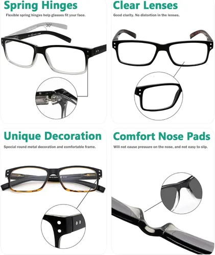 Vista 5 de Eyekepper Paquete de 5 lentes de lectura para hombre, incluye lentes de sol de lectura, bisagras de resorte, gafas clásicas de tramposo