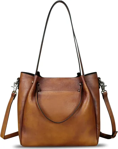 Vista 2 de Bolsos de cuero genuino para mujer, bolsos vintage hechos a mano con asa superior