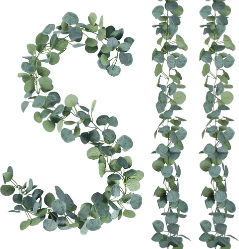 Vista 8 de Sggvecsy Paquete de 2 guirnaldas artificiales de eucalipto con hojas verdes hechas a mano de seda 3D, hojas de dólar plateadas, plantas de hojas