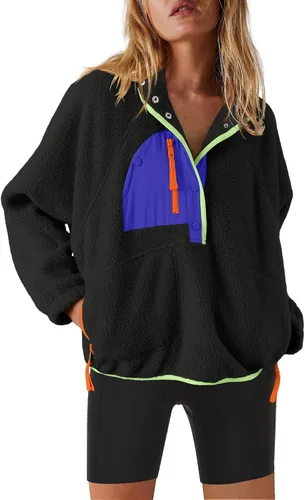 Vista 42 de Nirovien - Chaqueta de forro polar con capucha para mujer, manga larga, sherpa, sudadera mullida, abrigada, con botones y bolsillos Un rosa