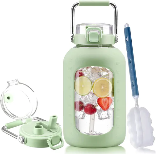 Vista 10 de BLUEGO Botella de agua de vidrio de 64 onzas con mango de acero inoxidable, botella de agua grande con marcadores de tiempo y funda de silicona Ámbar