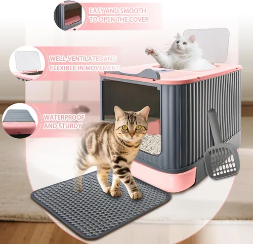 Vista 6 de Caja de arena para gatos con tapete de arena, caja de arena grande de 17"x14"x13" para gatos grandes, cajas de arena cerradas extraíbles, caja