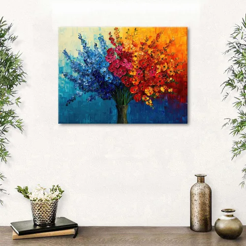 Vista 4 de Arte de pared de flores coloridas, pintura de flores silvestres, color verde azulado, rojo, naranja, textura abstracta, cuadro botánico, impresiones