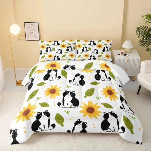 Vista 36 de QOOMO Edredón floral de gato tamaño Twin, juego de ropa de cama de gato rosa para niños, adolescentes y niñas, juego de ropa de cama de 3 piezas