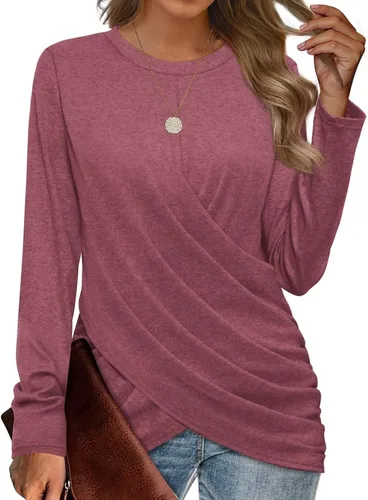 Vista 3 de TREBIN Blusa de manga larga para mujer, casual, cuello redondo, plisada, holgada, de moda