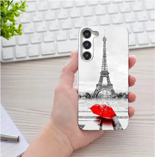 Vista 6 de Funda para Samsung Galaxy S23 Plus/S23+ - Funda protectora transparente de TPU suave a prueba de golpes con diseño de paraguas rojo de la torre Una