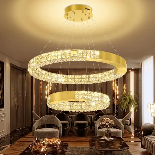 Vista 12 de Candelabro LED de anillo dorado para sala de estar, comedor y dormitorio, lámparas de cristal modernas, iluminación colgante, lámparas ajustables