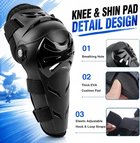 Vista 10 de GES Rodilleras para motocicleta – 4 rodilleras para adultos/coderas de motocicleta/almohadillas ajustables para rodilleras, protectores de codo