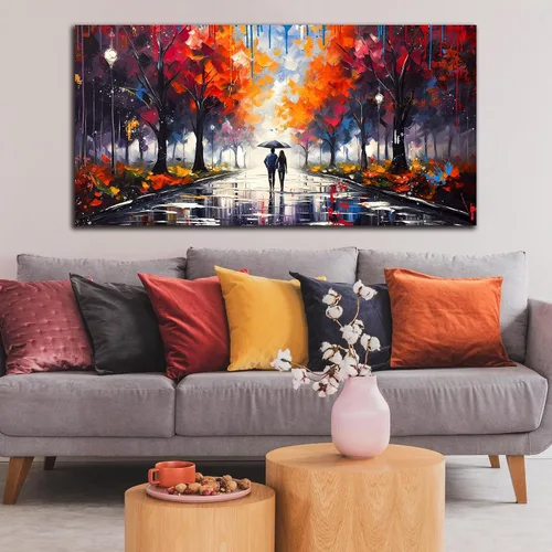 Vista 3 de Lienzo grande para pared de sala de estar, dormitorio, pareja caminando bajo la lluvia, graffiti, árbol rojo, impresiones en lienzo enmarcadas