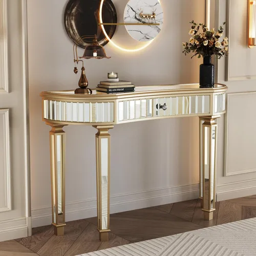 Vista 15 de Mesa de consola con espejo de 48 pulgadas, mesa de entrada moderna de plata glamorosa con borde tallado negro vintage con espejo de vidrio para sala