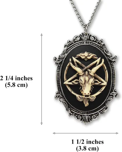 Vista 3 de Collar con dije de camafeo baphomet satánico de cabeza de cabra envejecida sobre negro en acabado plateado Metal