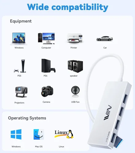Vista 6 de Hub USB 3.0, Adaptador Portátil Extensor Divisor de 4 Puertos USB Hub de Datos Multipuerto para Laptop, Xbox, Unidad Flash, HDD, Consola, Cámara