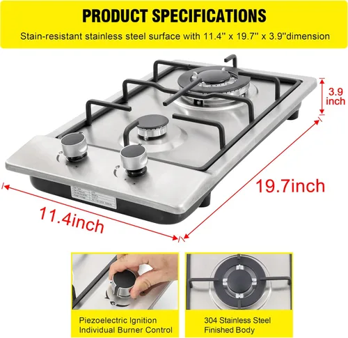 Vista 2 de Cocina de gas de 12 pulgadas, estufa de gas integrada de 2 quemadores de acero inoxidable con kit de conversión de NG/LPG, protección de termopar