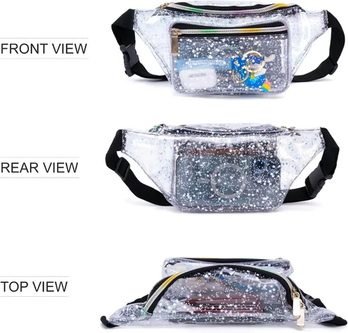 Vista 2 de Cangurera holográfica con diseño de cielo estrellado y lunares morados para mujer, ideal para juegos, conciertos, rave, festivales, viajes, Dreamy